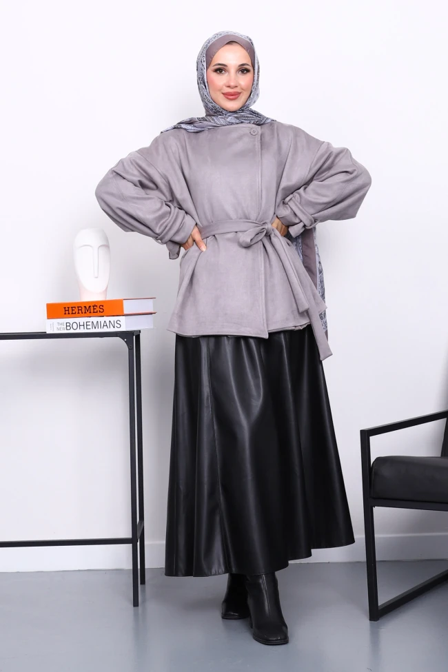 Gri Kol Apoletli Astarlı Süet Ceket