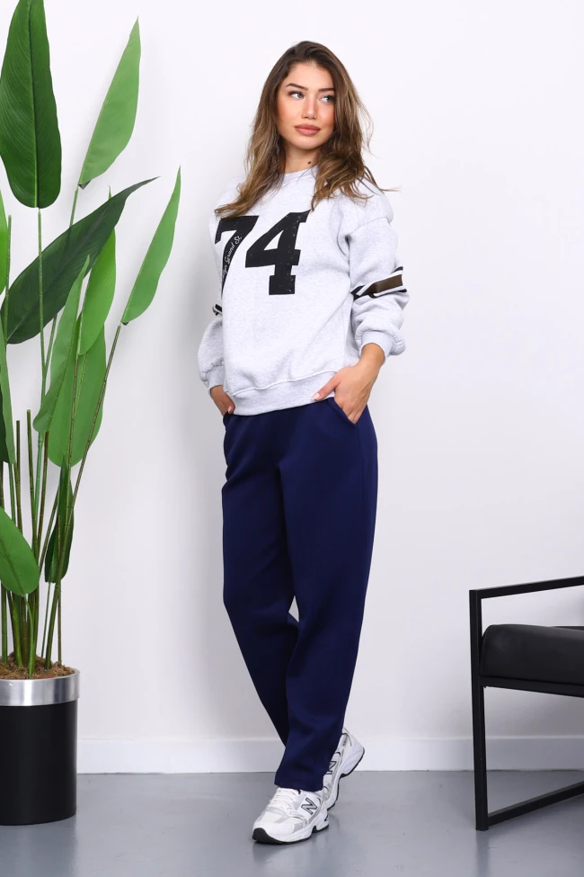 Gri Ön Ve Kol Baskılı Üç İplik Sweat