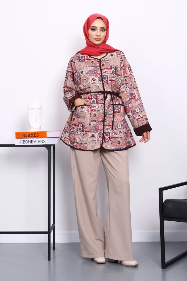 Gül Kurusu Etnik Desenli Çıtçıtlı Ceket