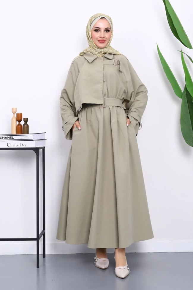 Haki Bel Lastikli Kemerli Trenç Elbise