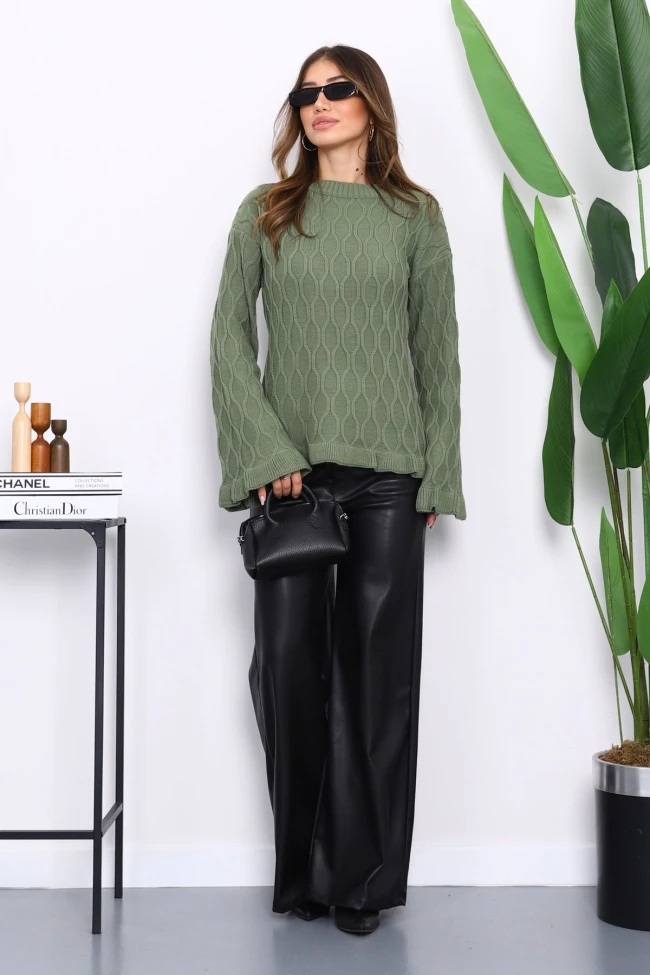 Haki Bel Ve Kol Ucu Fırfırlı Triko Kazak