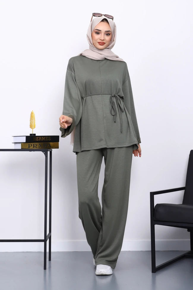 Haki Belden Bağlamalı Pantolon Cepli Modal Takım