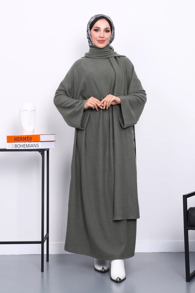 Haki Bisiklet Yaka Bel Kuşaklı Elbise