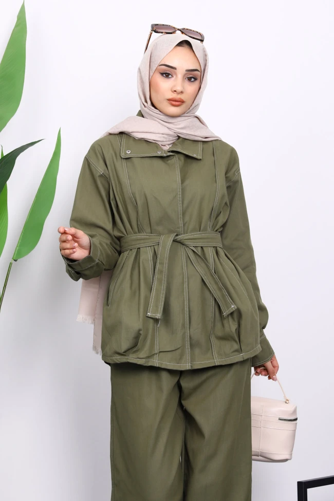 Haki Çıtçıtlı Ceket Pantolonlu Gabardin Takım