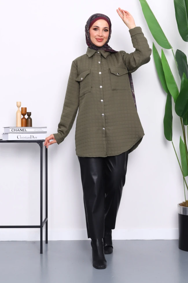 Haki Kapitone Çıtçıtlı Cepli Ceket