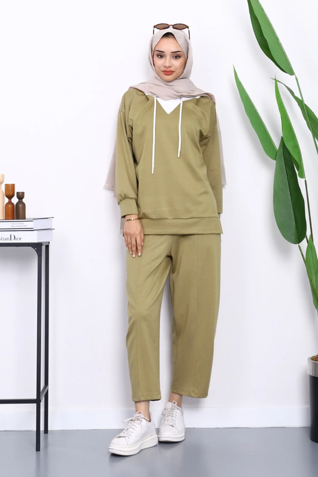 Haki Kapşonlu Tunik Pantolonlu Takım