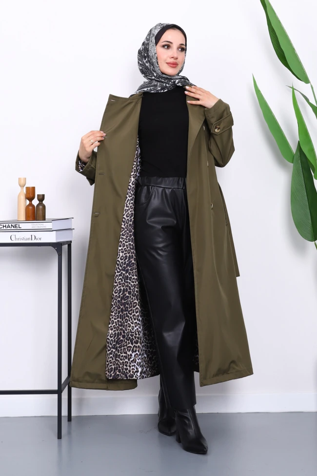 Haki Kravuze Yaka Kuşaklı Astarlı Trençkot