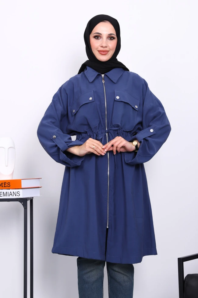 İndigo Bel Kuşaklı Çift Cepli Gabria Kap