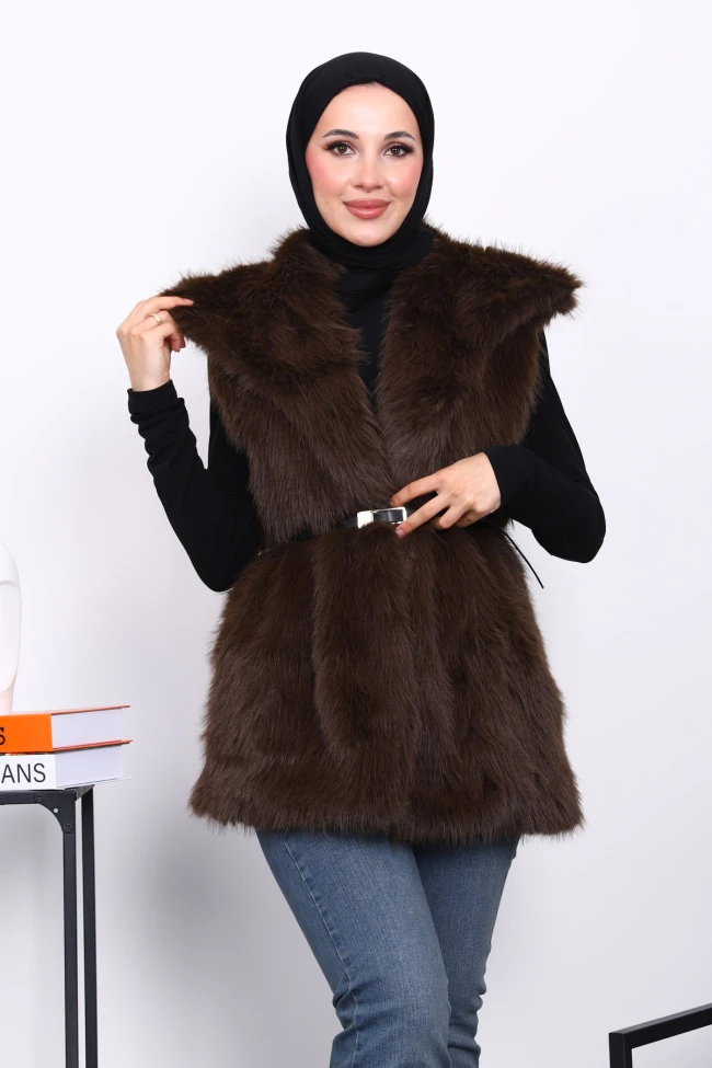 Kahverengi Astarlı Kemerli Kürk Yelek