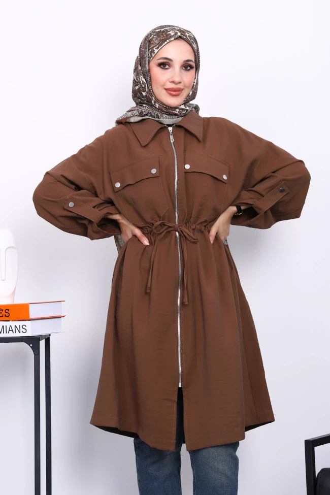 Kahverengi Bel Kuşaklı Çift Cepli Gabria Kap