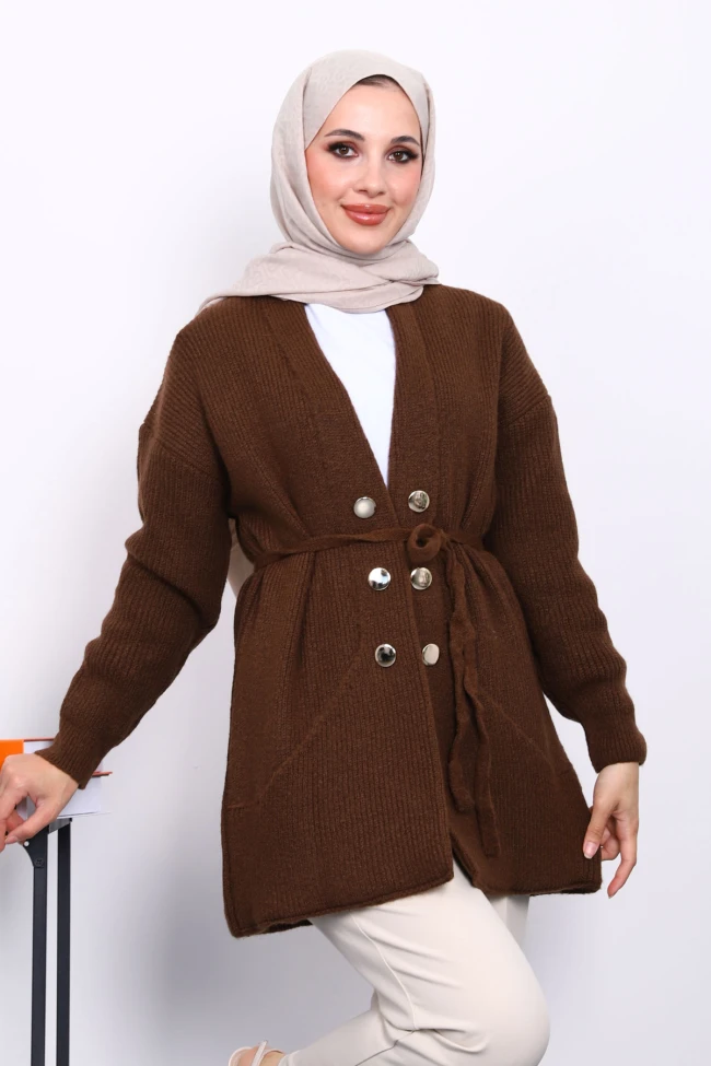 Kahverengi Cep Detaylı Yumoş Triko Hırka