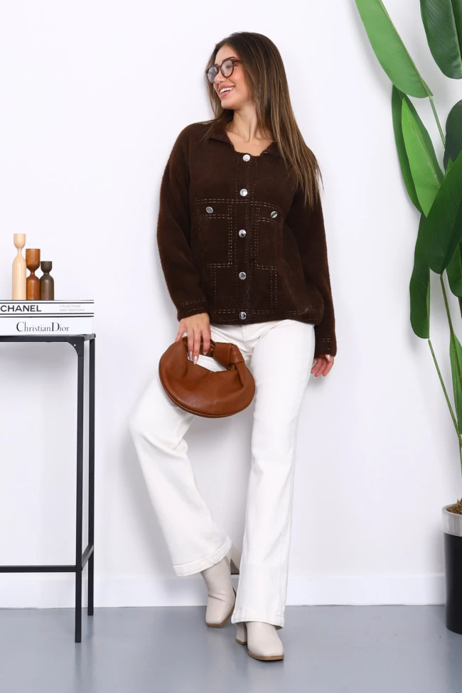 Kahverengi Dik Yaka Angora Yumoş Hırka