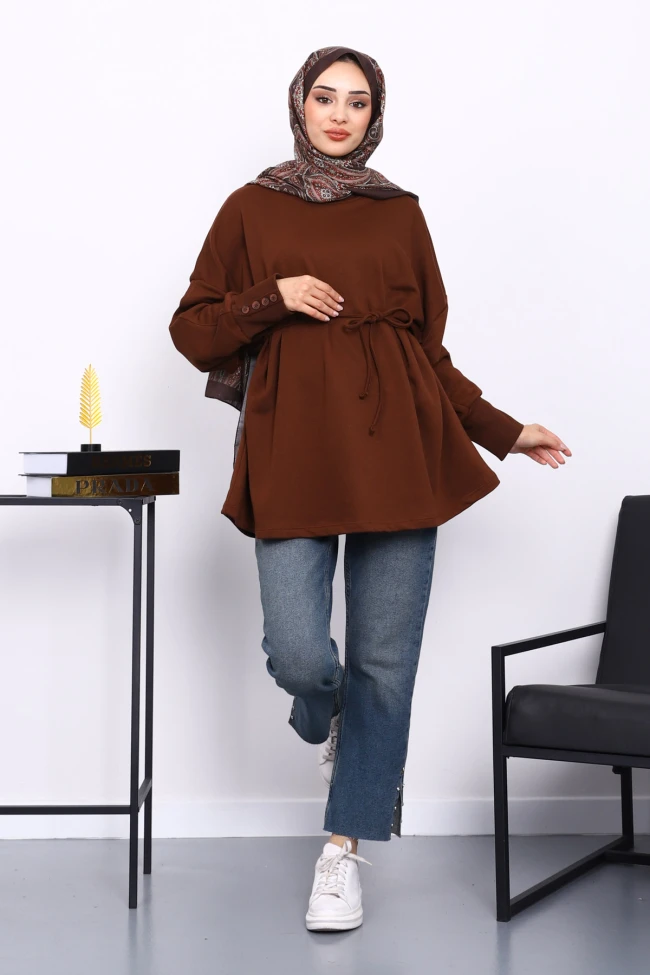 Kahverengi Düğme Detaylı Oversize Sweatshirt