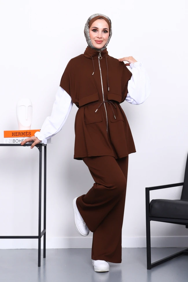 Kahverengi Fermuarlı Yelek Pantolonlu Modal Takım