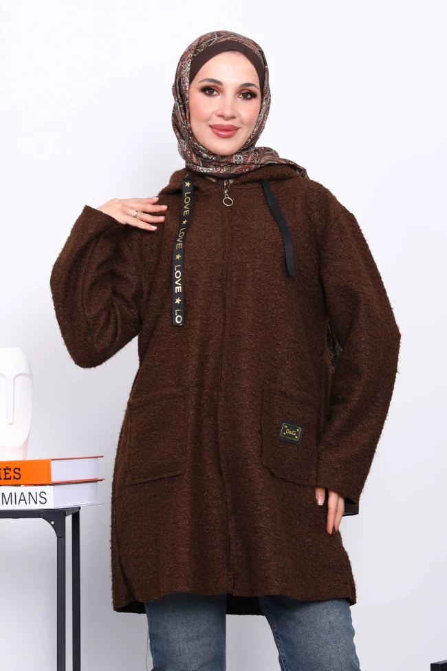 Kahverengi Kapşonlu Cepli Buklet Kaban