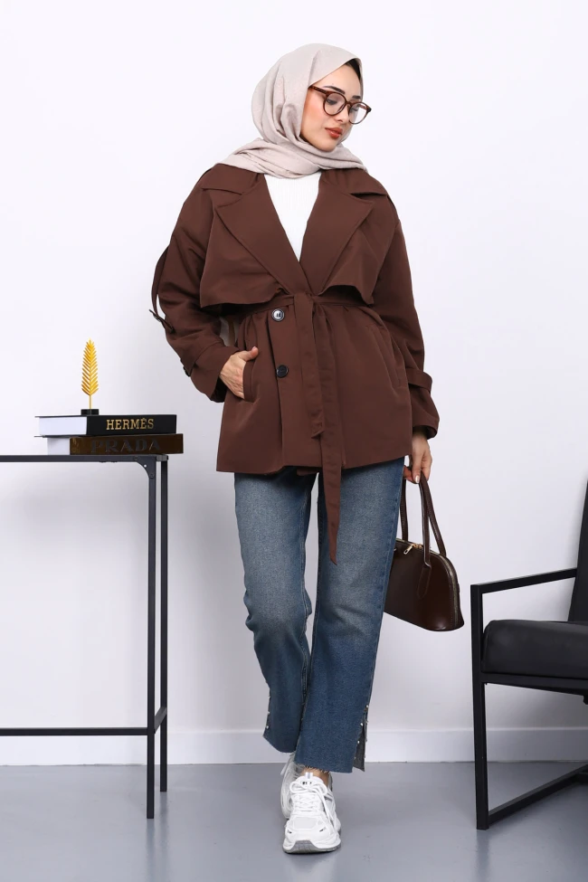 Kahverengi Kravuze Yaka Düğmeli Kısa Trençkot