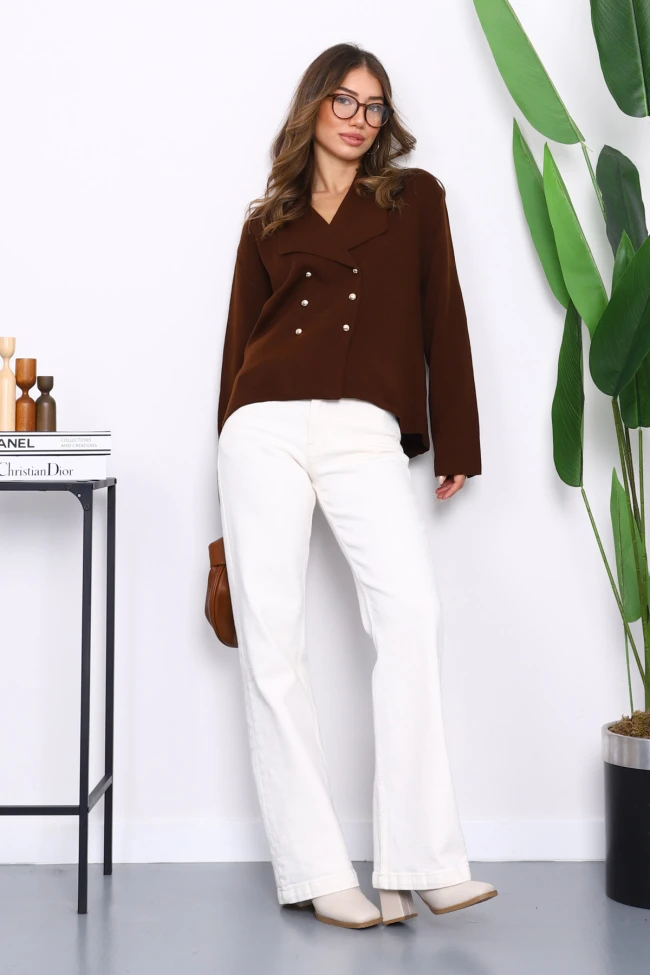 Kahverengi Kruvaze Yaka Düğmeli Triko Hırka