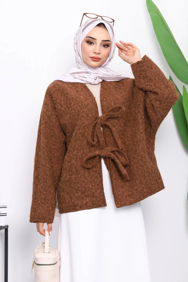 Kahverengi Önü Bağlamalı Keçe Kimono Ceket