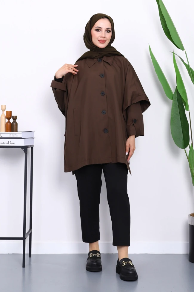 Kahverengi Oversize Düğmeli Panço Trenç