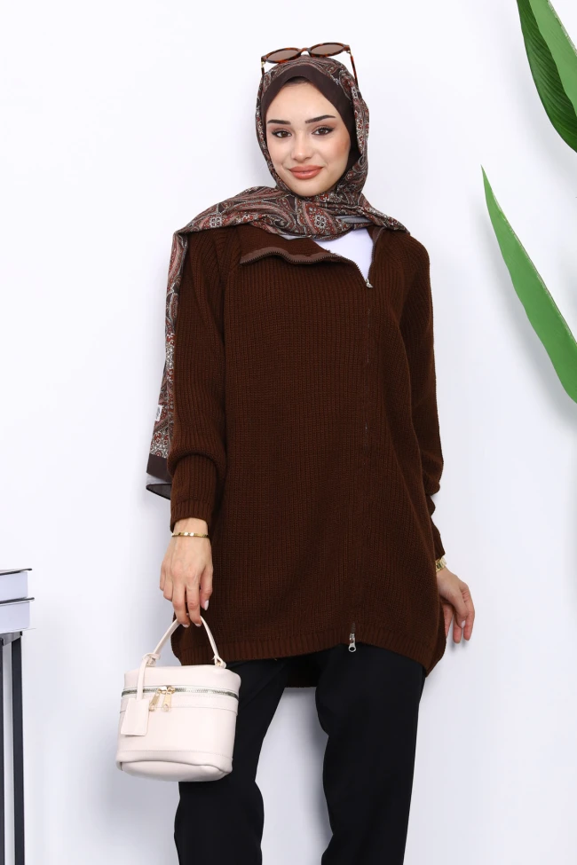 Kahverengi Selanik Örgülü Fermuarlı Triko Hırka