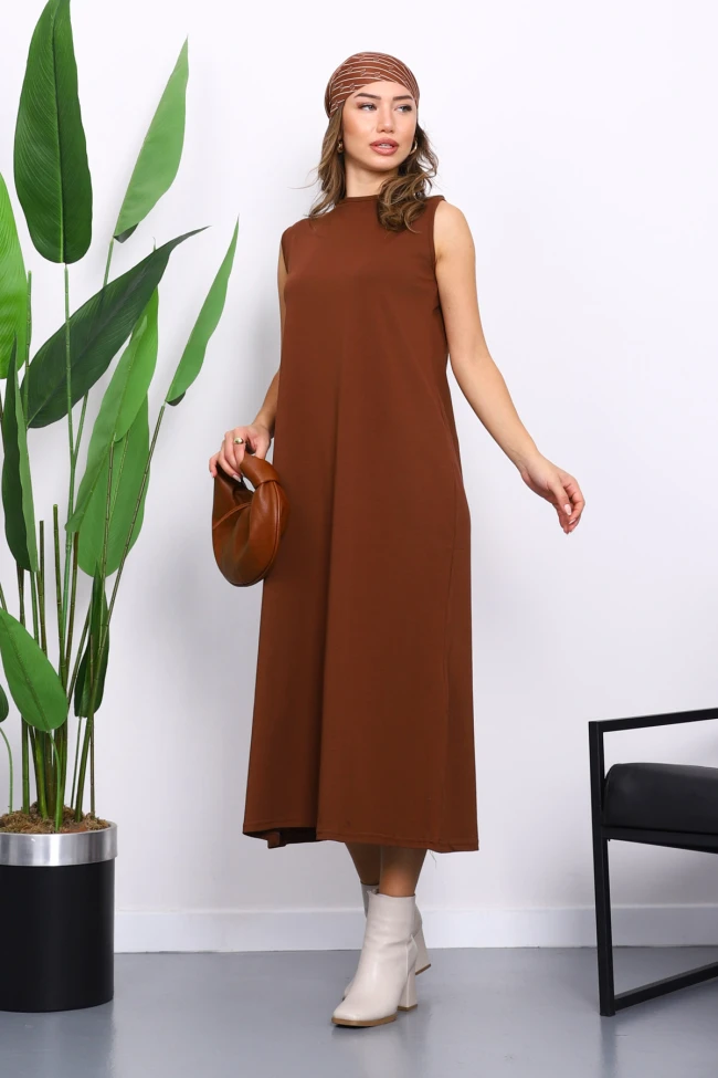 Kahverengi Sıfır Kol Penye Tesettür İçlik Elbise
