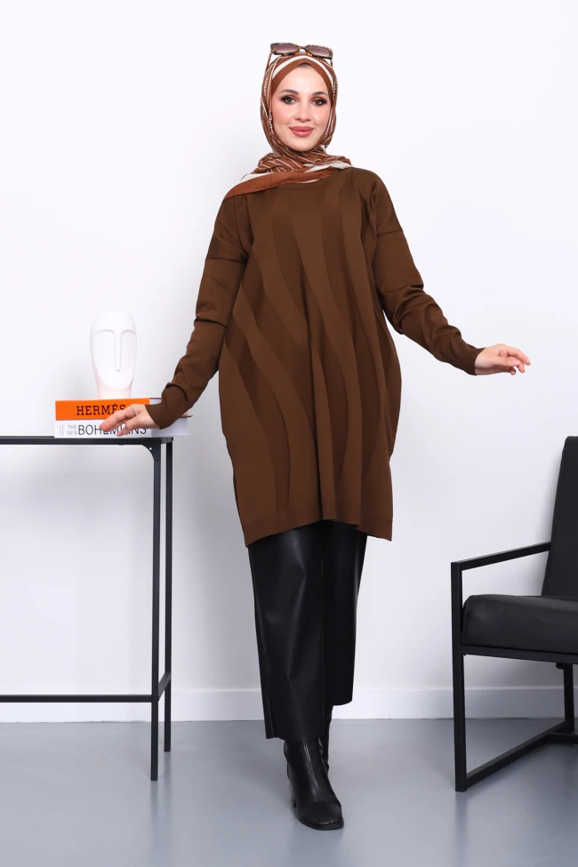 Kahverengi Soğuk İplik Merserize Triko Tunik