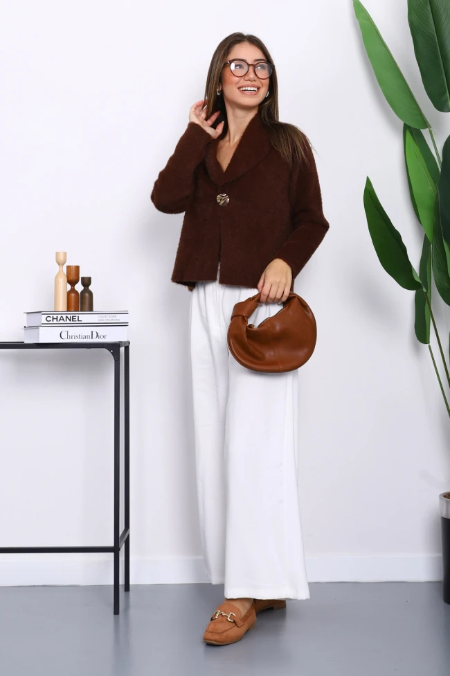 Kahverengi Tek Düğmeli  Angora Yumoş Hırka