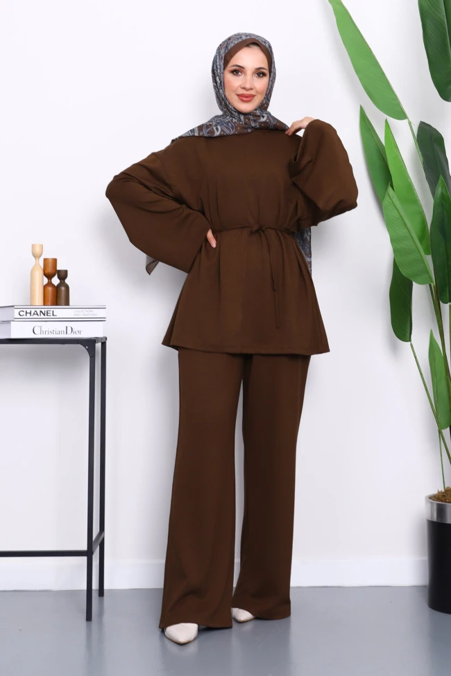 Kahverengi Tunik Pantolonlu Modal Takım