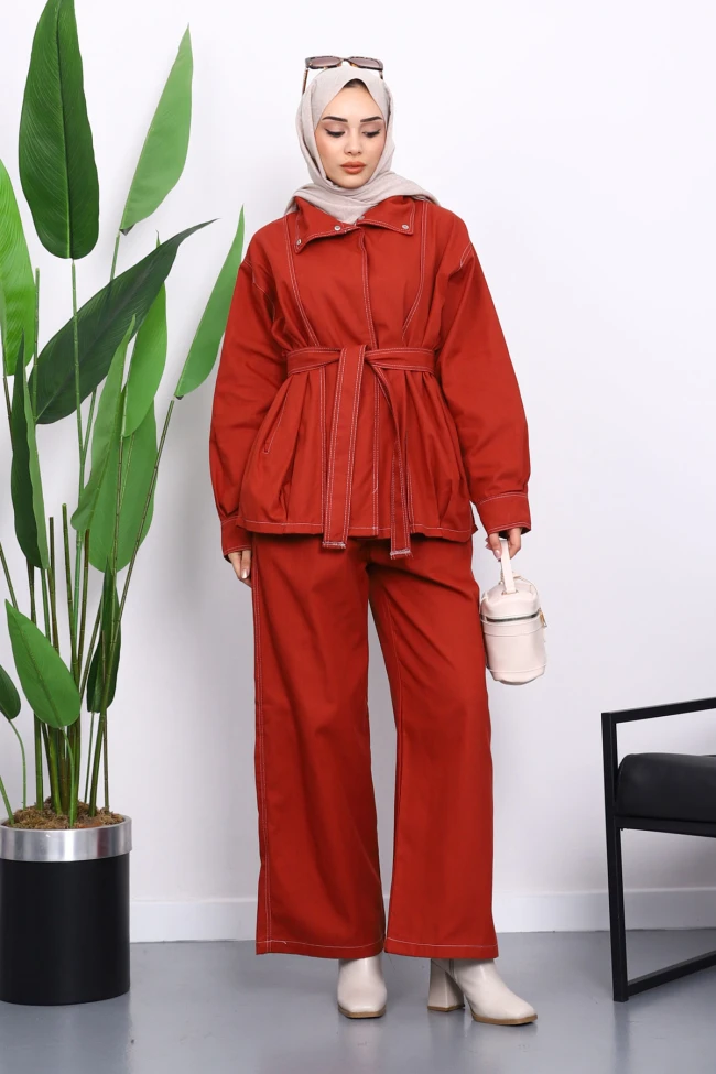 Kiremit Çıtçıtlı Ceket Pantolonlu Gabardin Takım