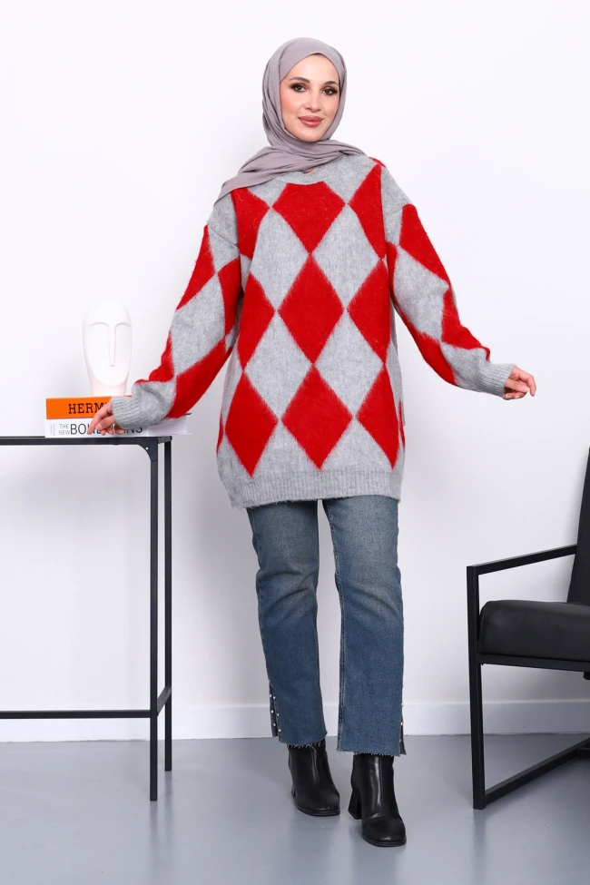 Kırmızı Baklava Desenli Triko Kazak