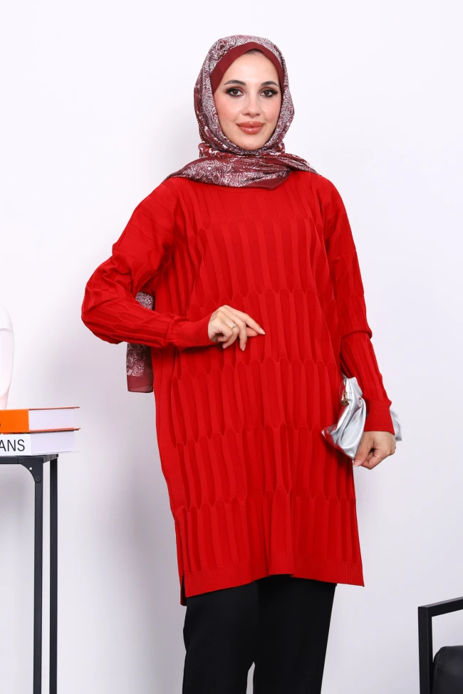 Kırmızı Soğuk İplik Merserize Triko Tunik