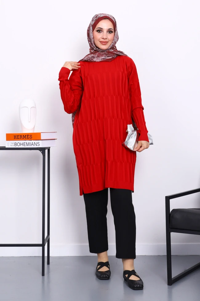 Kırmızı Soğuk İplik Merserize Triko Tunik