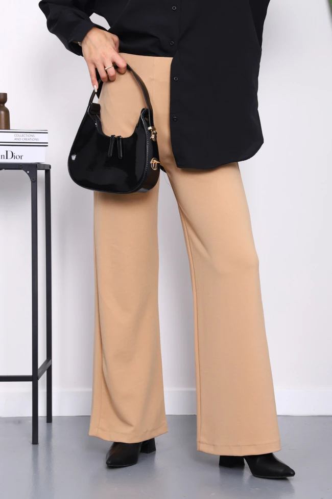 Koyu Bej Yan Fermuarlı Yüksek Bel Pantolon