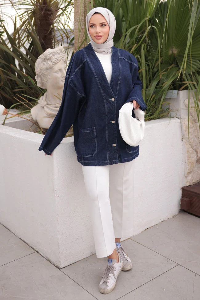 Koyu Mavi Cepli Kot Ceket