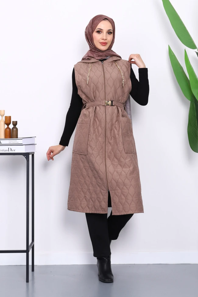 Koyuv Vizon Kapüşonlu Kemerli Kapitone Yelek