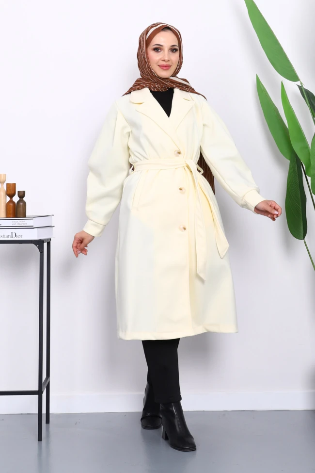 Krem Balon Kol Bel Kemerli Kaşe Kaban