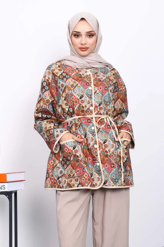 Krem Desenli Çıtçıtlı Ceket