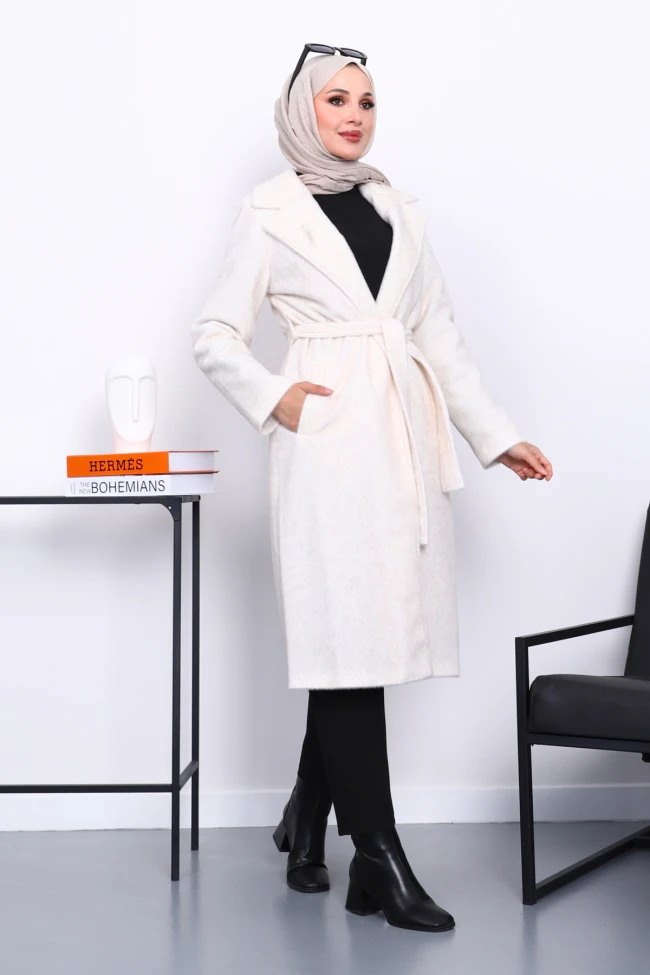 Krem Kruvaze Yaka Cepli Angora Kaban