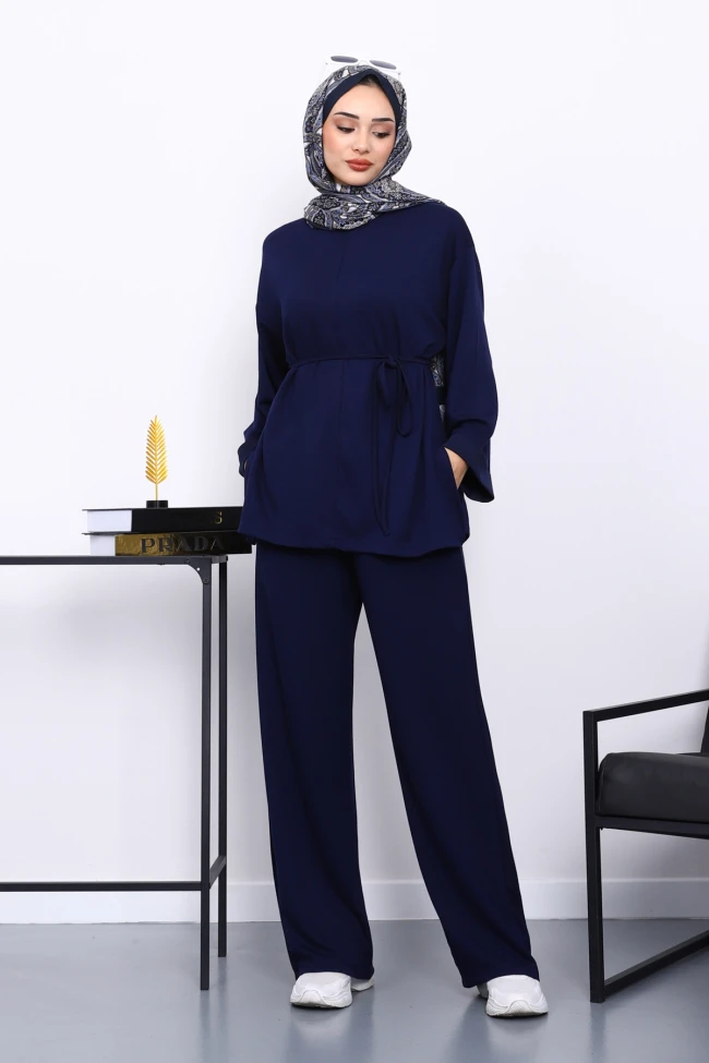 Lacivert Belden Bağlamalı Pantolon Cepli Modal Takım