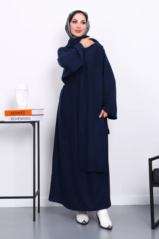 Lacivert Bisiklet Yaka Bel Kuşaklı Elbise