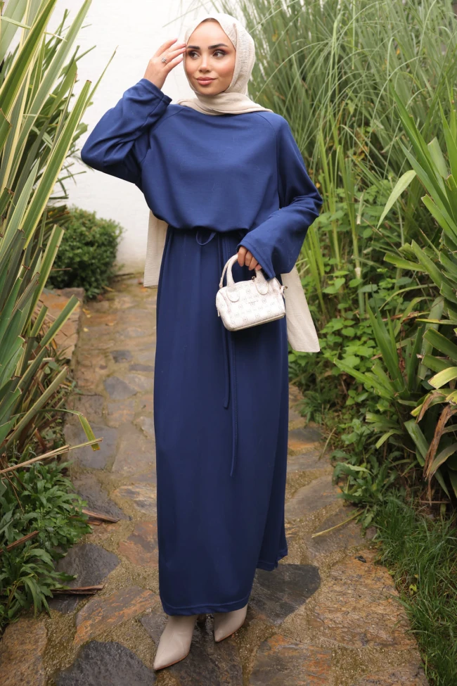 Lacivert Bisiklet Yaka Bel Kuşaklı Elbise