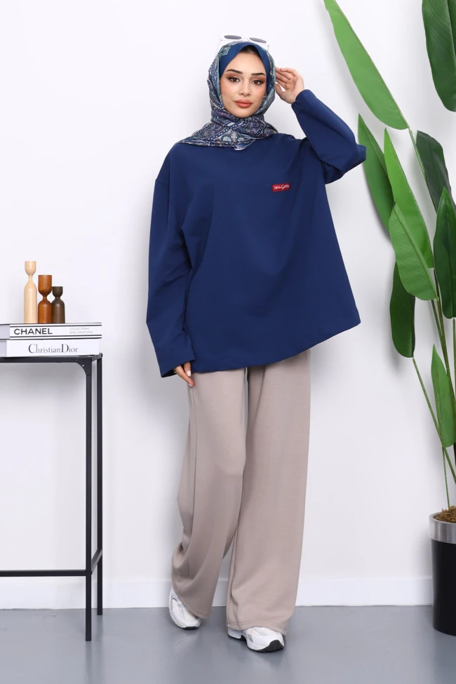 Lacivert Bisiklet Yaka İki İplik Oversize Sweatshirt