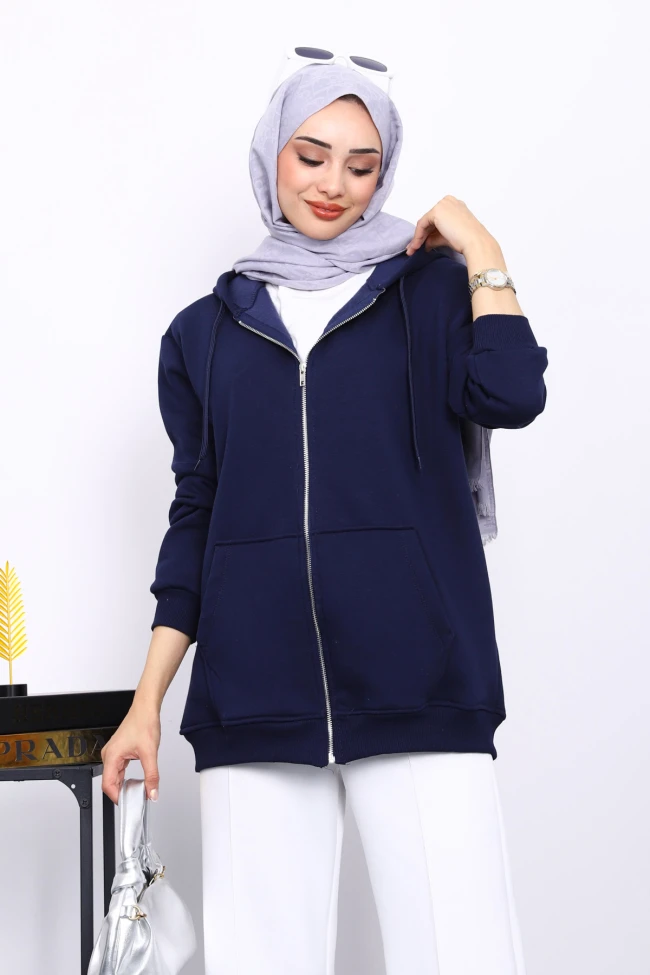Lacivert Cepli Fermuarlı Üç İplik Kapşonlu Sweat