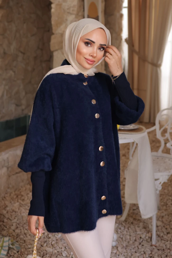 Lacivert Dik Yaka Angora Yumoş Hırka