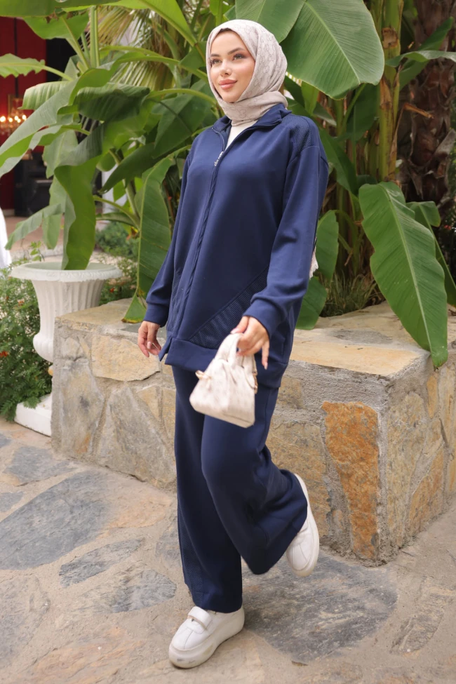 Lacivert File Detaylı Fermuarlı Tunik Pantolonlu Takım