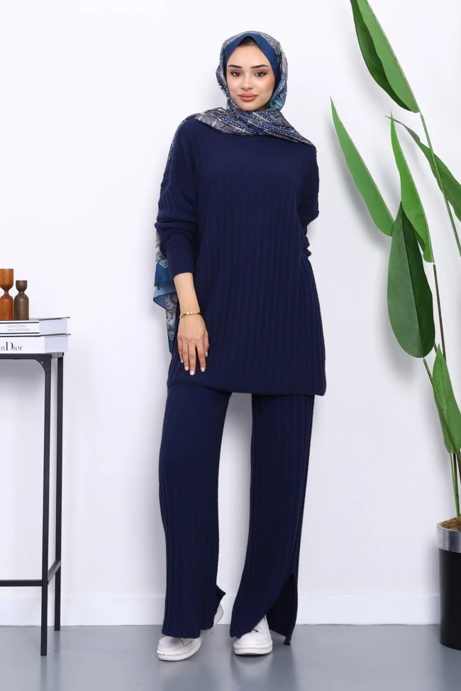Lacivert Fitilli Yumoş Tunik Pantolonlu Takım