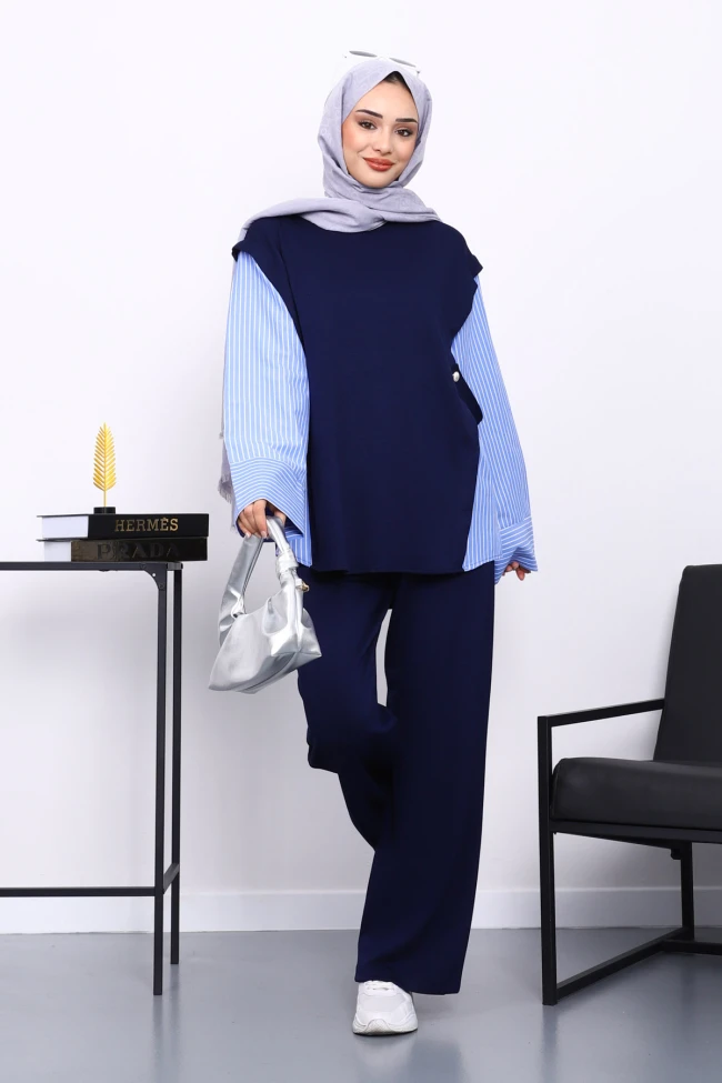 Lacivert Garnili Tunik Pantolonlu Modal Takım