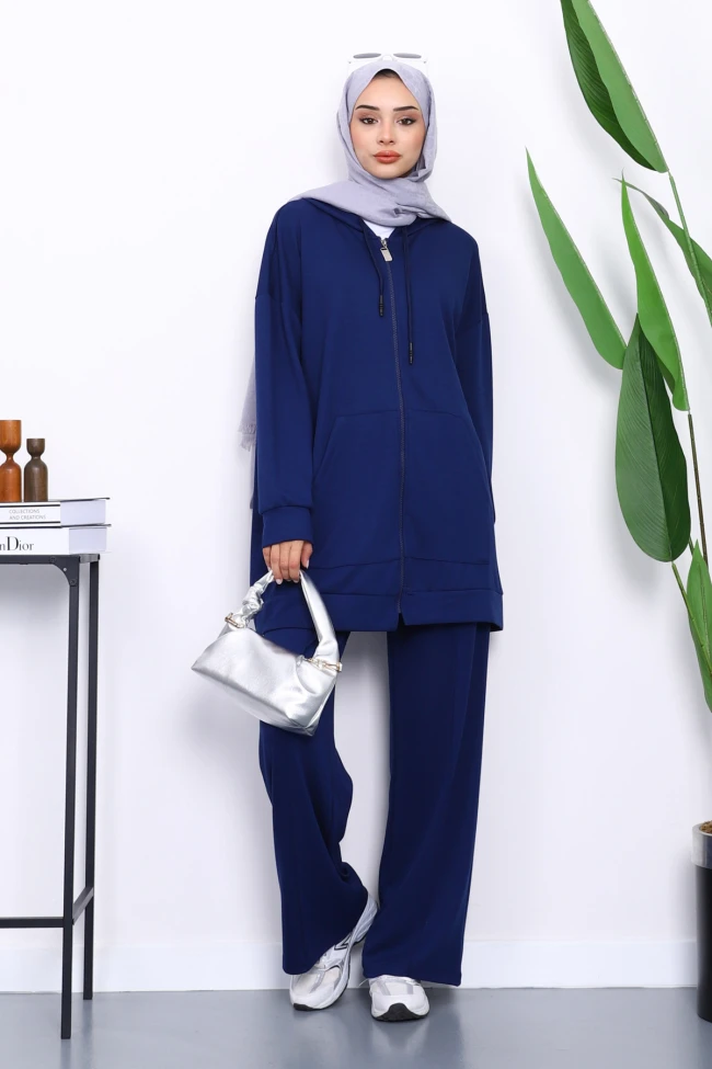 Lacivert Kapüşonlu Modal Tunik Pantolonlu Takım