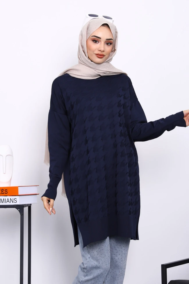 Lacivert Kazayağı Desenli Soğuk İplik Triko Tunik
