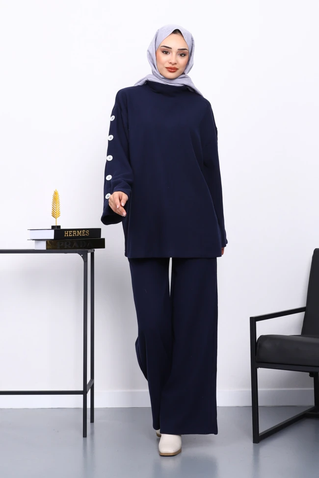 Lacivert Kol Düğme Detaylı Tunik Pantolonlu Takım